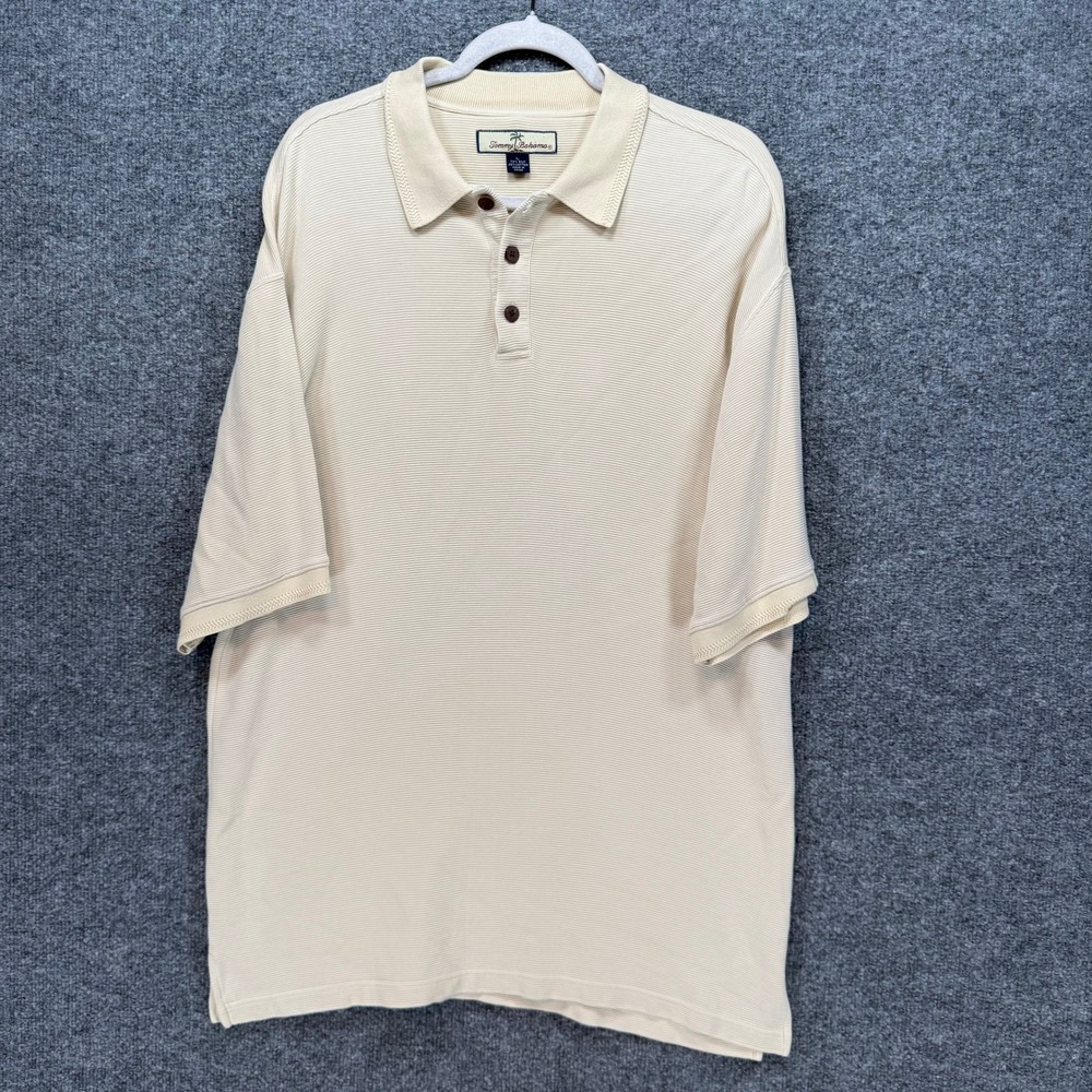 Tommy Bahama Polo Shirt Mens Large Cream Silk Blend Ribbed Casual Resort Classic